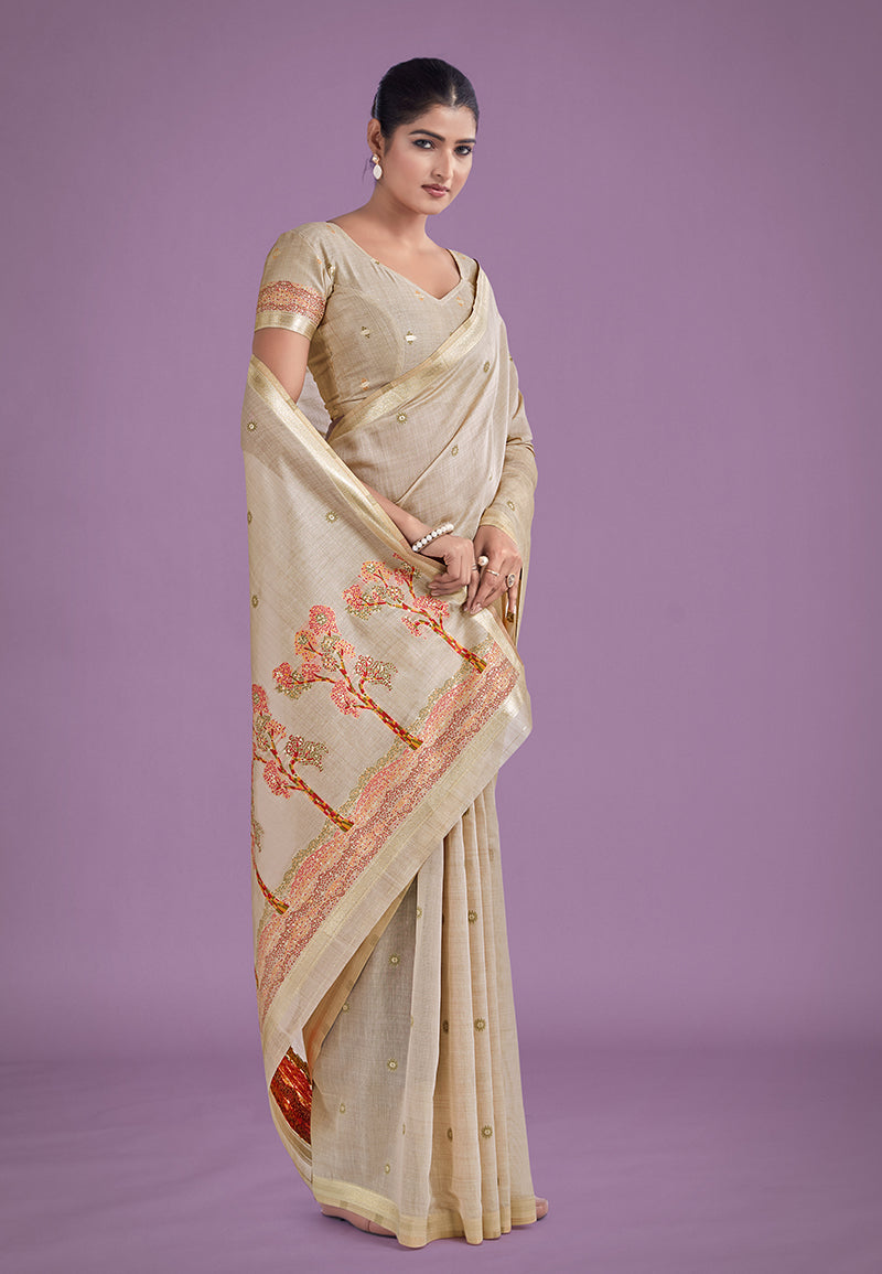 Beige and Red Cotton Silk Saree with Woven Butti and Zari Border