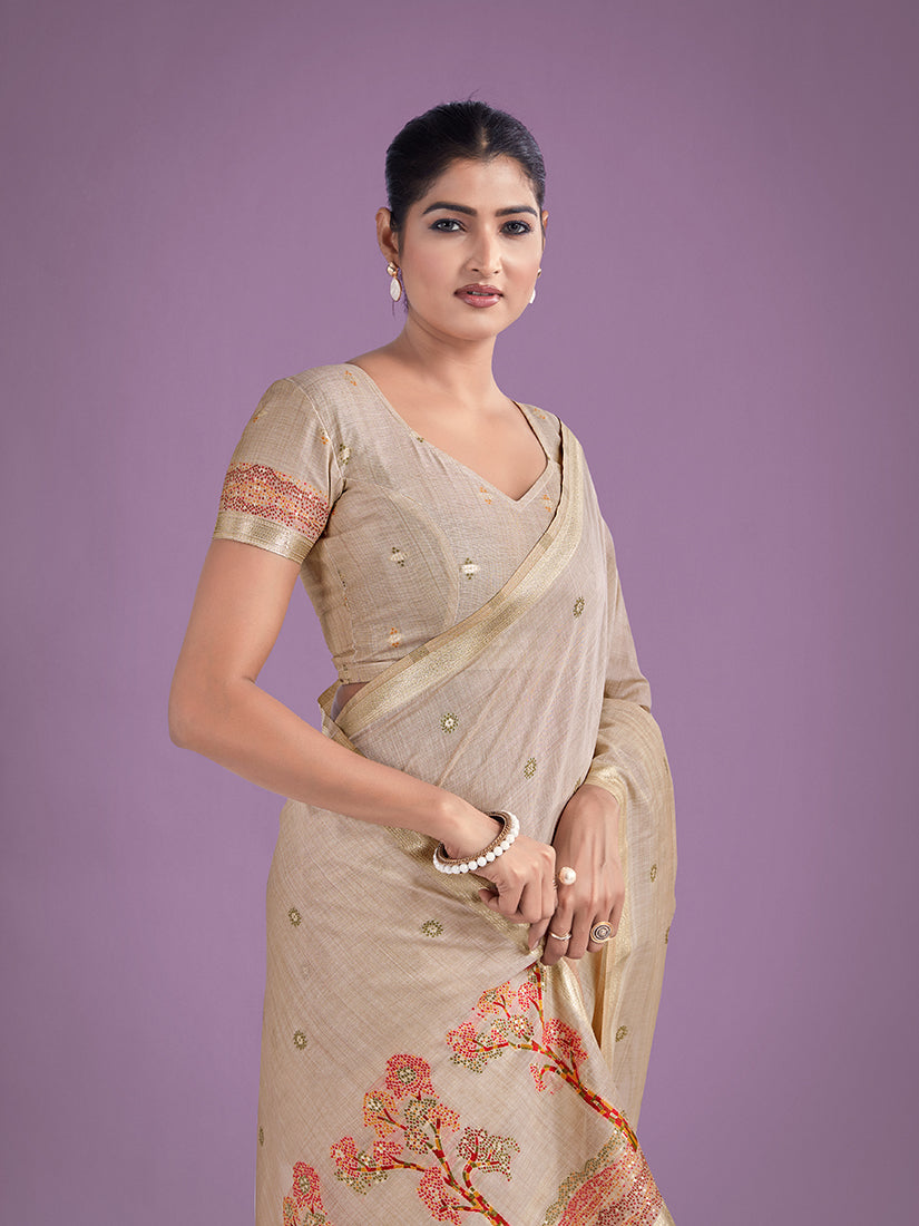 Beige and Red Cotton Silk Saree with Woven Butti and Zari Border