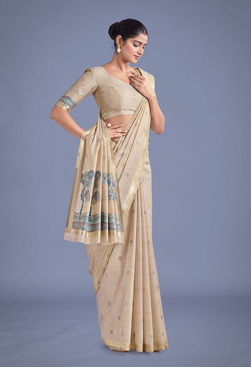 Beige and Blue Woven Butti Pattern Cotton Silk Saree with Blouse
