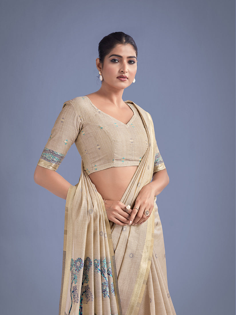 Beige and Blue Woven Butti Pattern Cotton Silk Saree with Blouse