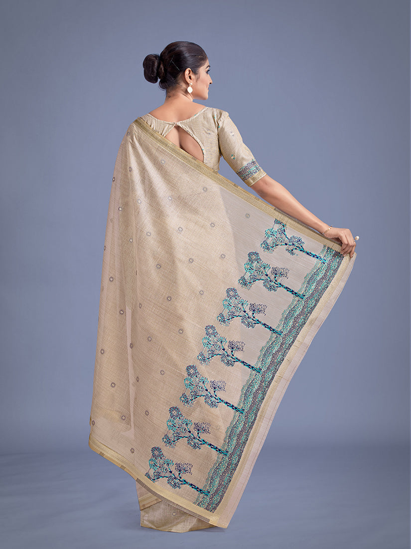 Beige and Blue Woven Butti Pattern Cotton Silk Saree with Blouse