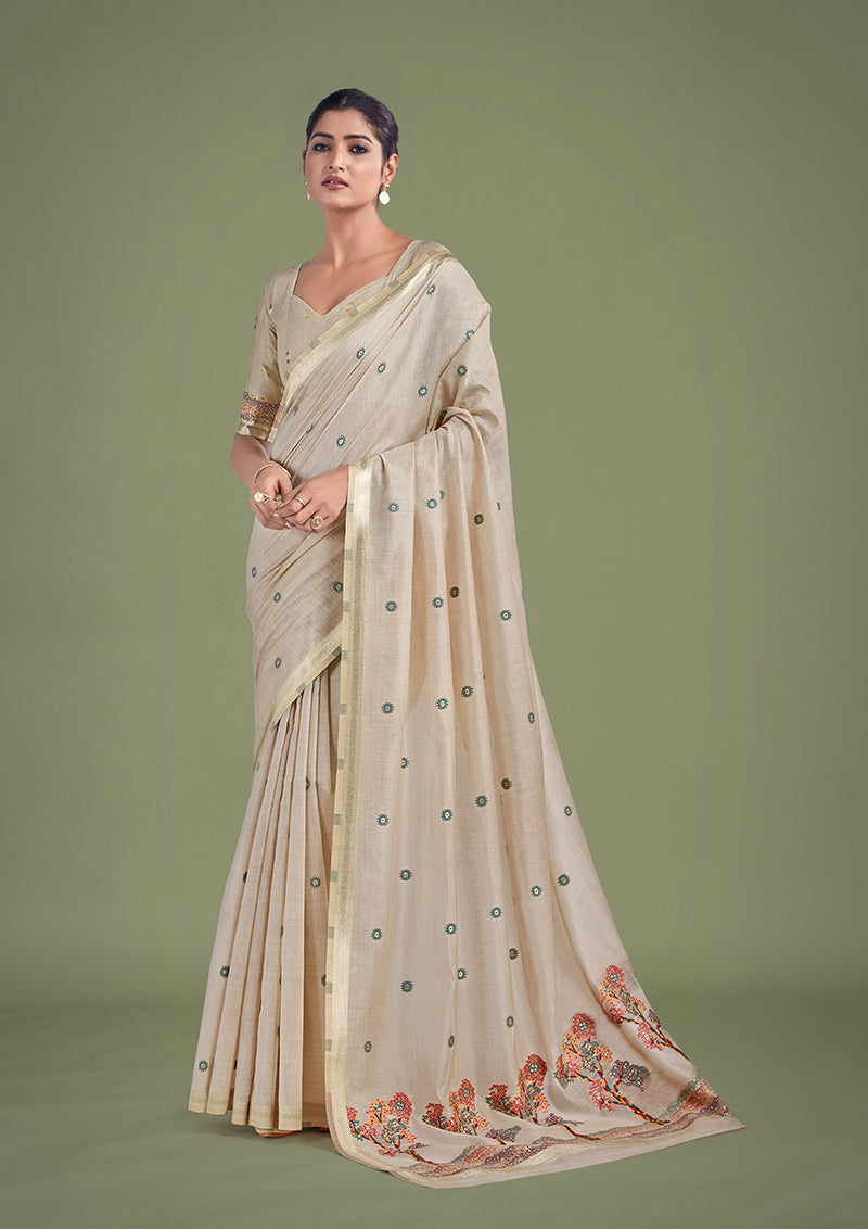 Beige and maroon cotton silk saree with woven butti patterns and golden Zari border