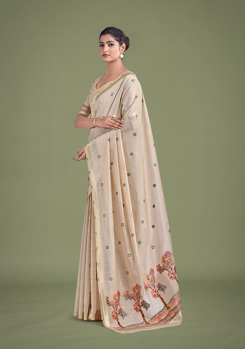 Beige & Maroon Cotton Silk Woven Butti Saree
