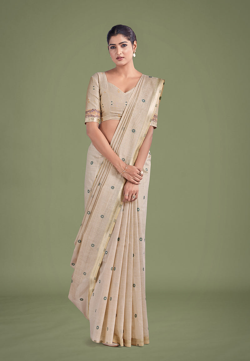 Beige & Maroon Cotton Silk Woven Butti Saree