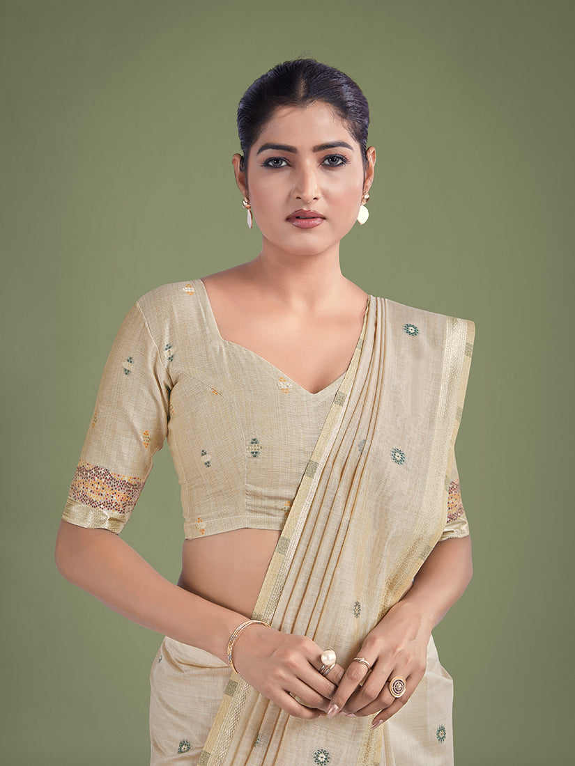 Beige & Maroon Cotton Silk Woven Butti Saree