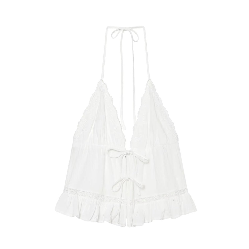Women Clothing Summer Sexy Tulle Embroidered Hanging Collar Sling Top
