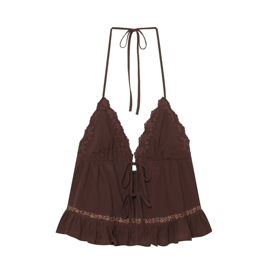 Women Clothing Summer Sexy Tulle Embroidered Hanging Collar Sling Top