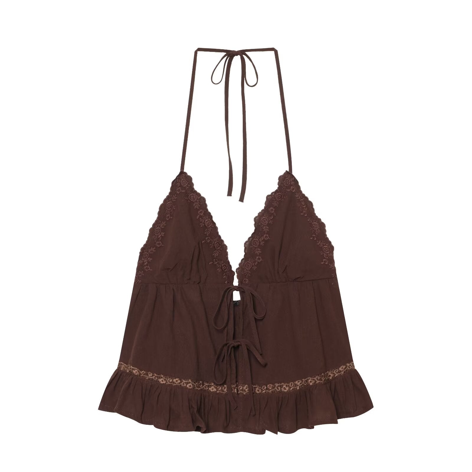 Women Clothing Summer Sexy Tulle Embroidered Hanging Collar Sling Top