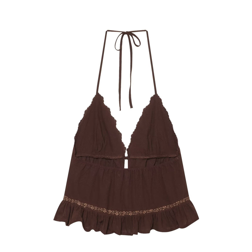 Women Clothing Summer Sexy Tulle Embroidered Hanging Collar Sling Top