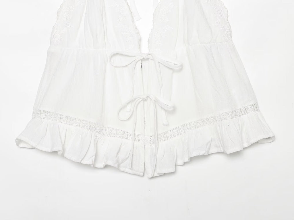 Women Clothing Summer Sexy Tulle Embroidered Hanging Collar Sling Top