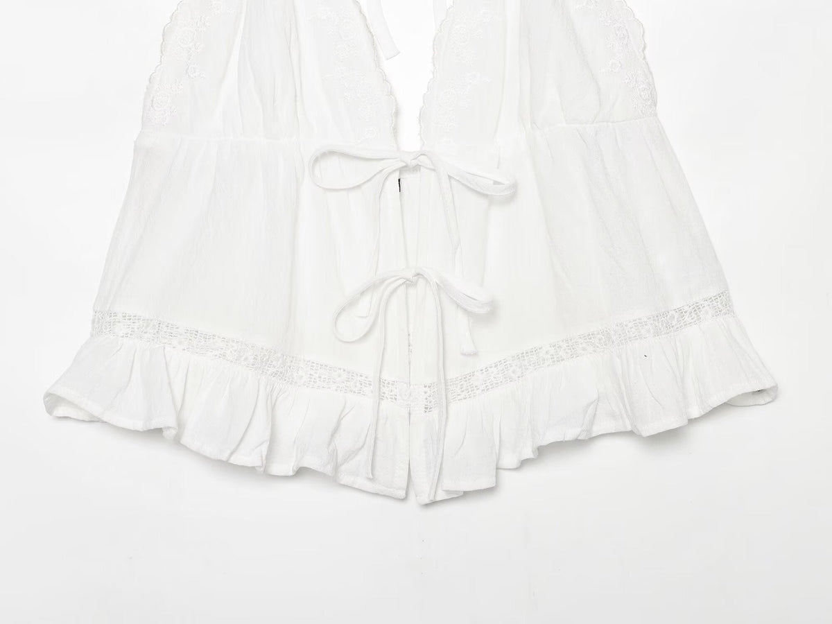 Women Clothing Summer Sexy Tulle Embroidered Hanging Collar Sling Top