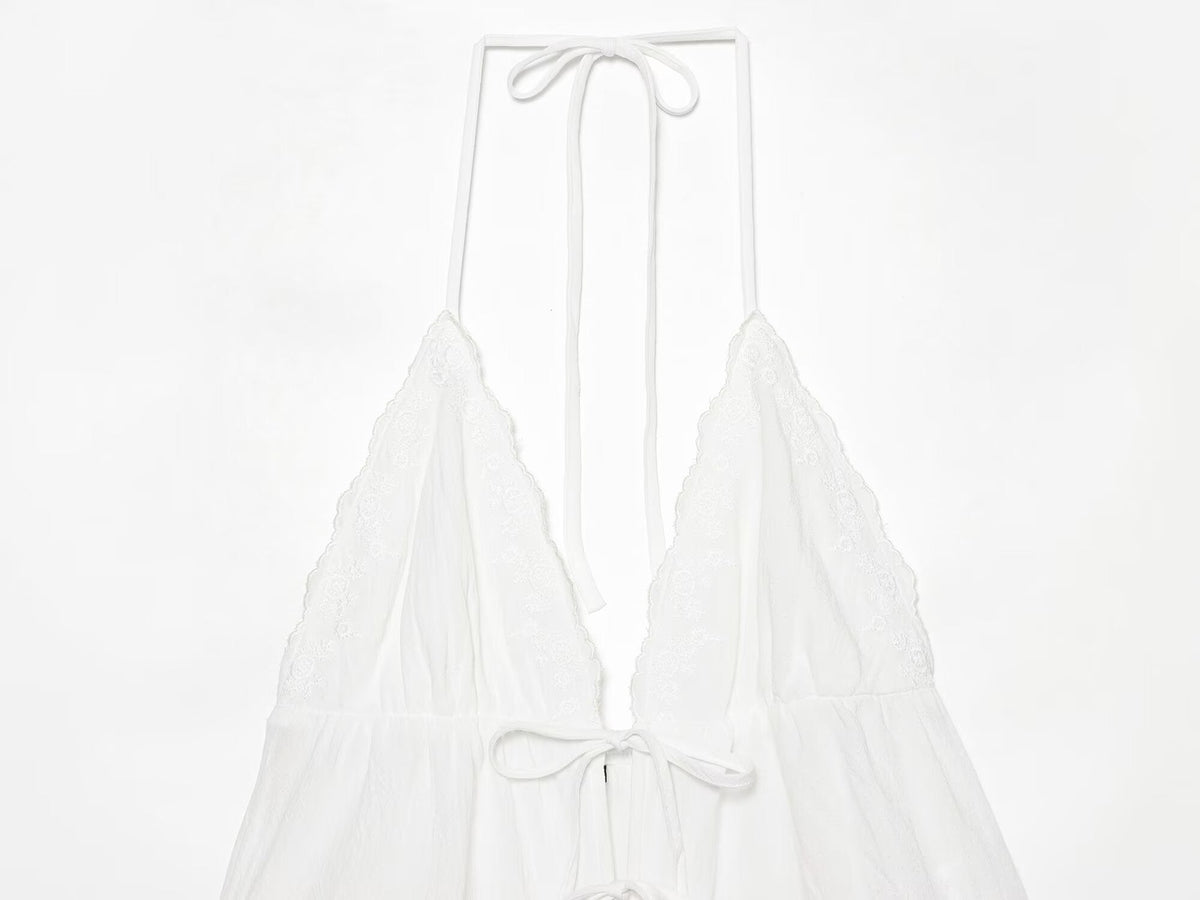 Women Clothing Summer Sexy Tulle Embroidered Hanging Collar Sling Top
