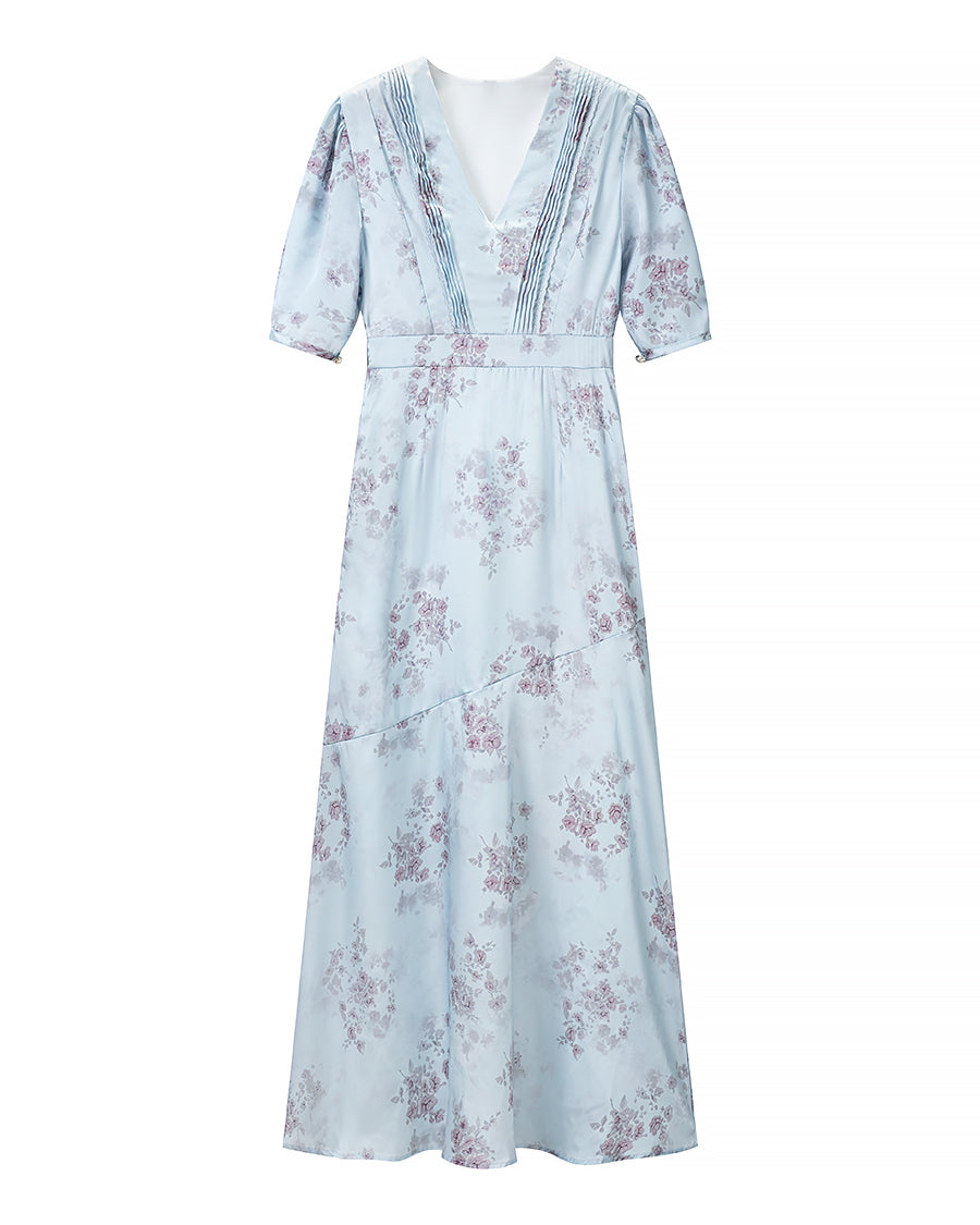 Women Gentle Satin Floral V neck Pleated Short Sleeves Dress