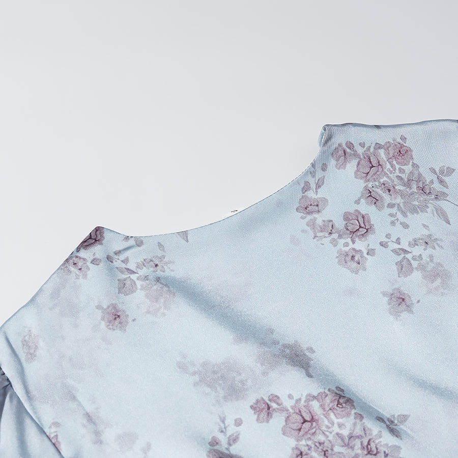 Women Gentle Satin Floral V neck Pleated Short Sleeves Dress