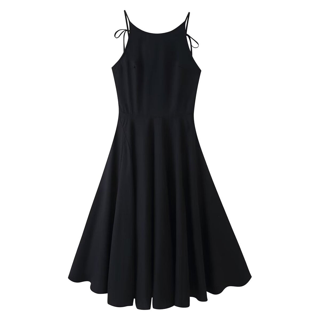 Women Clothing Minimalist Bow Tie Hanging Collar Midi Dress
