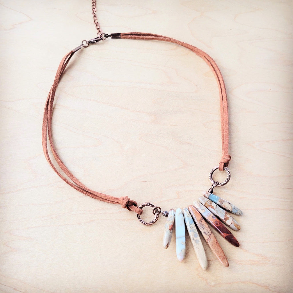 Aqua Terra Jasper Stone Slab Necklace on Brown Vegan Leather Cord - Image 2