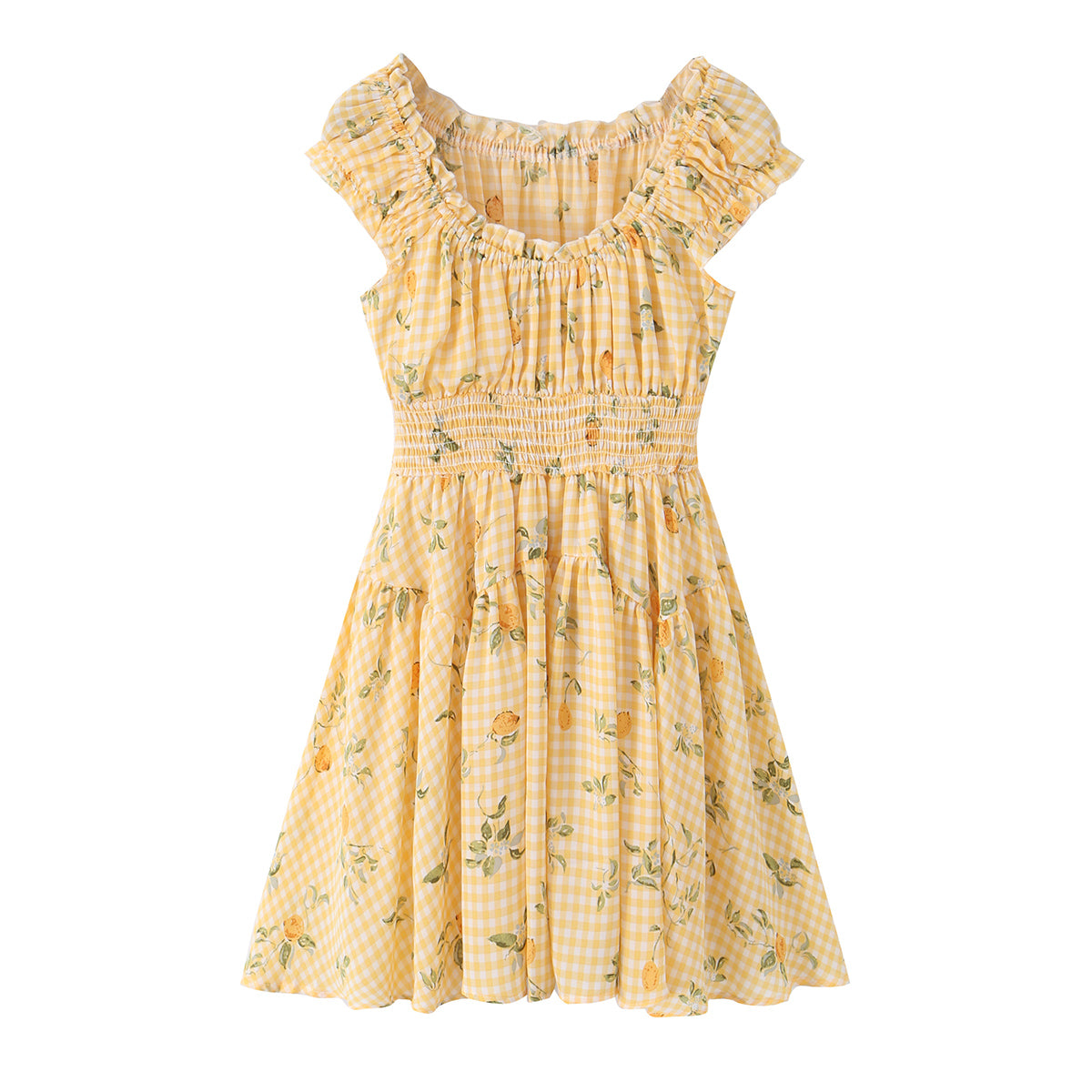 Square Collar Lace up Waist Controlled Printed Pleating Sexy Short Sleeve Women ummer A line Dress