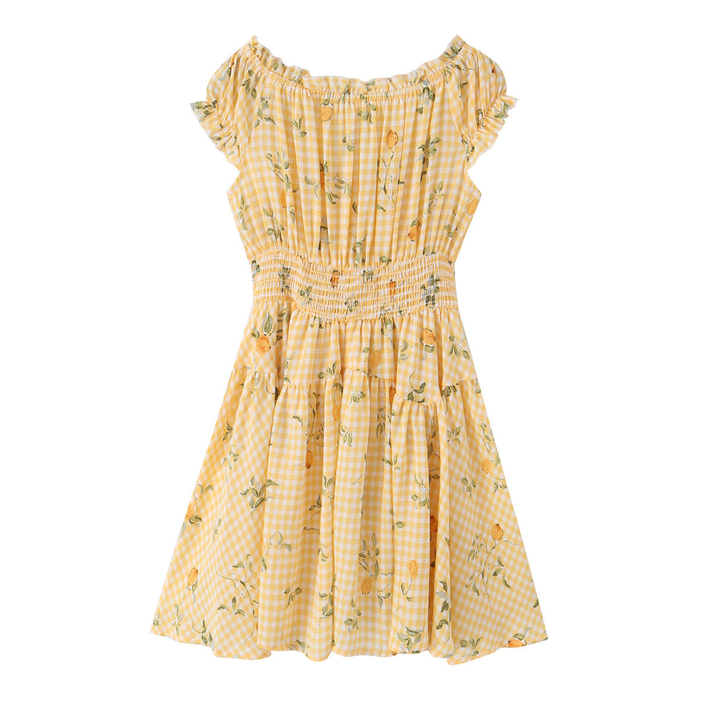 Square Collar Lace up Waist Controlled Printed Pleating Sexy Short Sleeve Women ummer A line Dress
