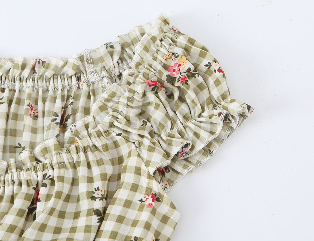 Square Collar Lace up Waist Controlled Printed Pleating Sexy Short Sleeve Women ummer A line Dress