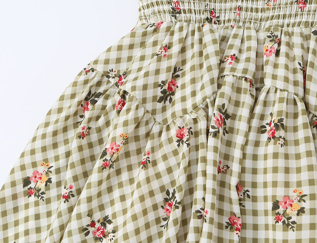 Square Collar Lace up Waist Controlled Printed Pleating Sexy Short Sleeve Women ummer A line Dress
