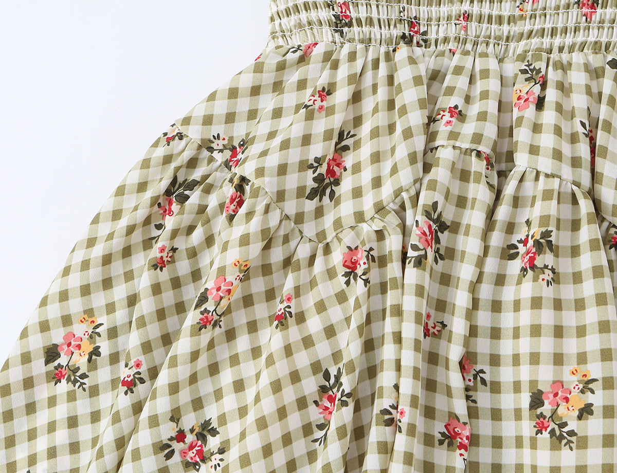Square Collar Lace up Waist Controlled Printed Pleating Sexy Short Sleeve Women ummer A line Dress