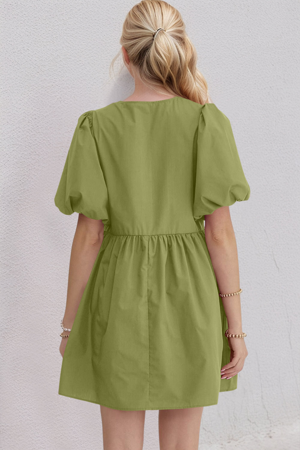 Ruched Puff Sleeve Mini Dress with Bow Detail