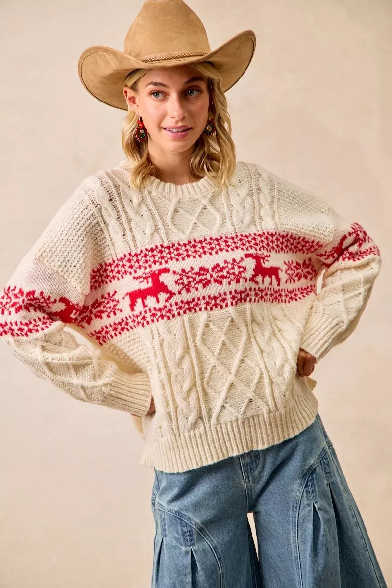 Christmas Fair Isle Cable Knit Sweater in Red