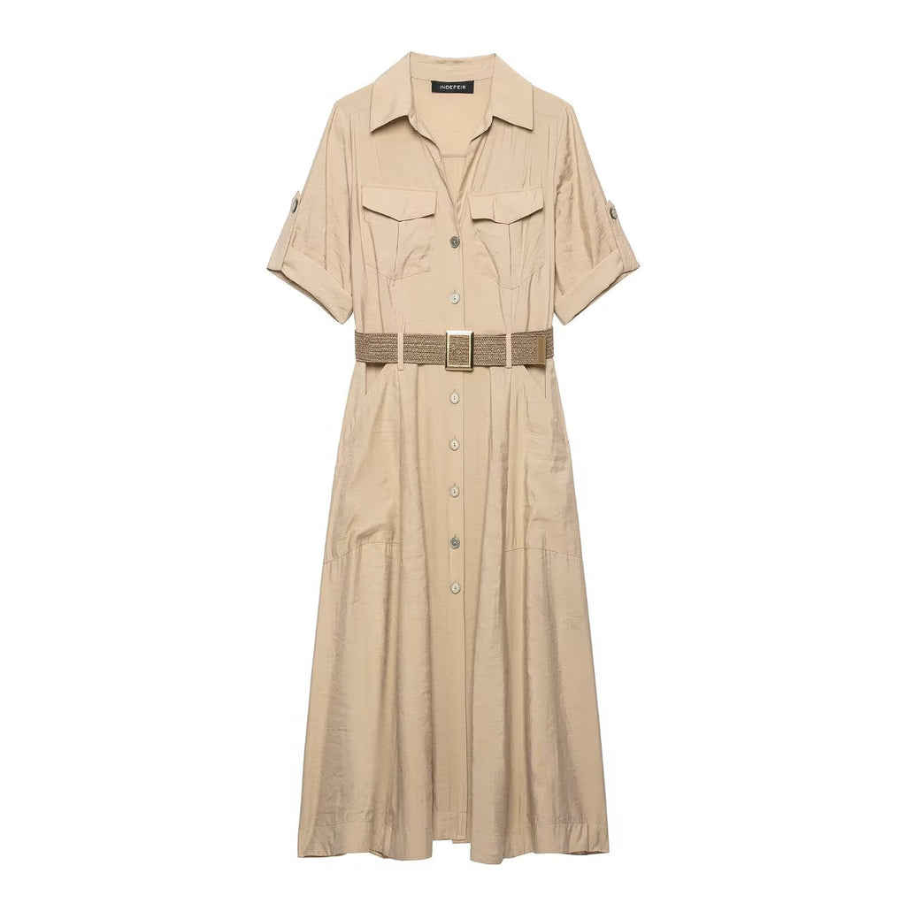 Women Clothing Office with Belt Shirt Short Sleeve Dress