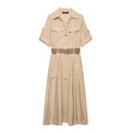 Women Clothing Office with Belt Shirt Short Sleeve Dress