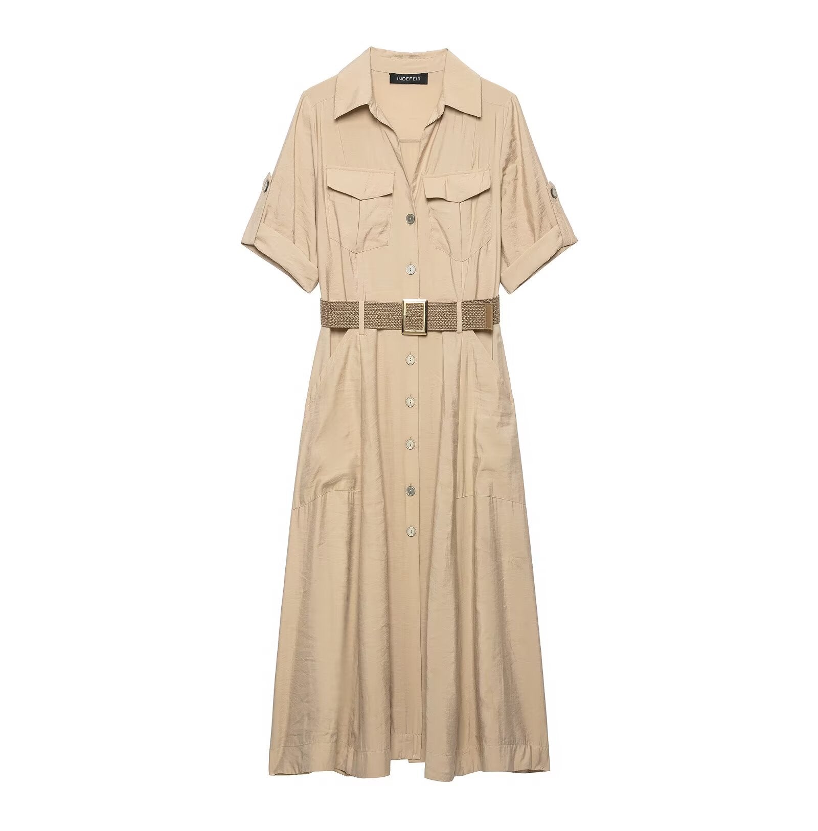 Women Clothing Office with Belt Shirt Short Sleeve Dress