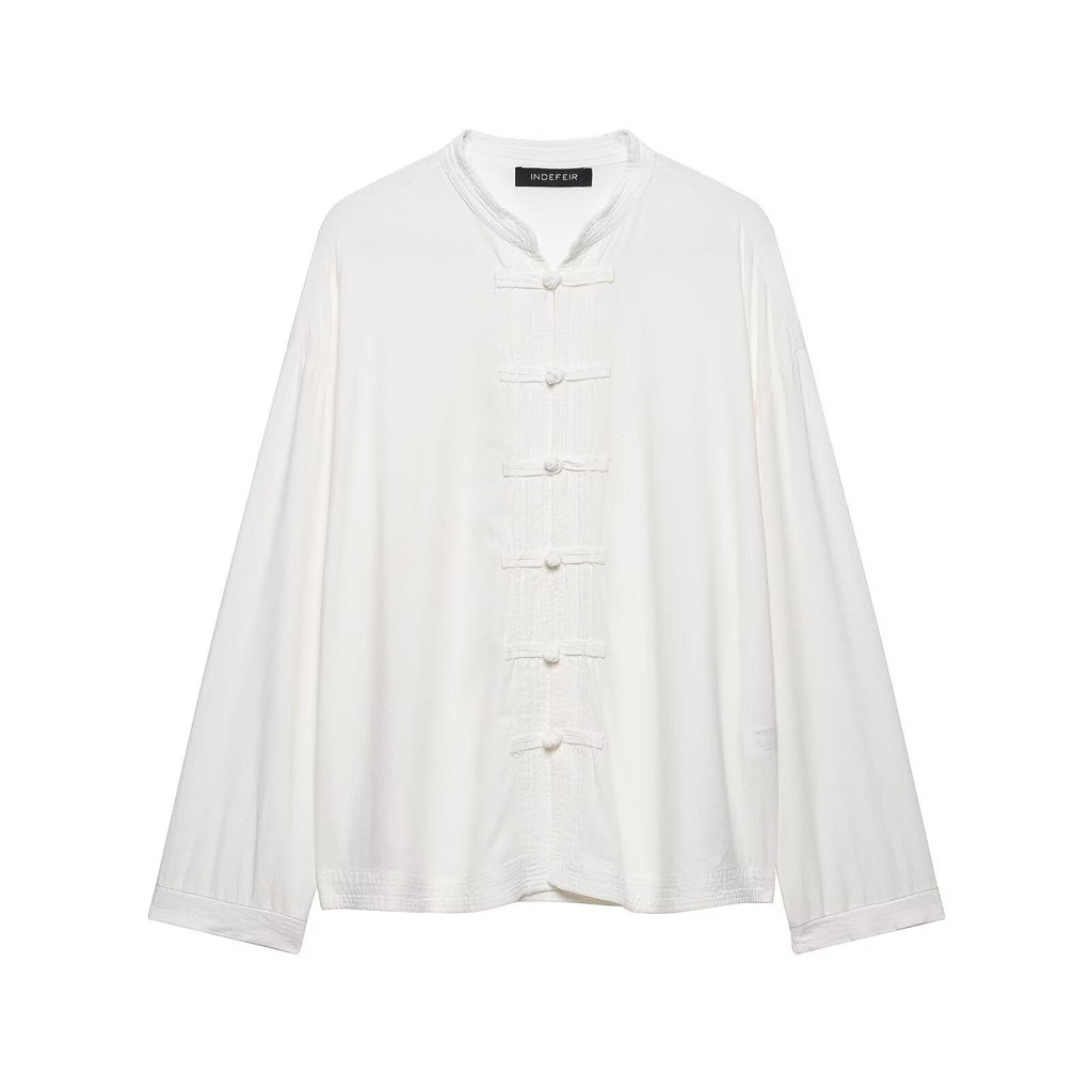 Women Clothing Summer Casual Cordage of Flax Braid Buckle Loose Shirt