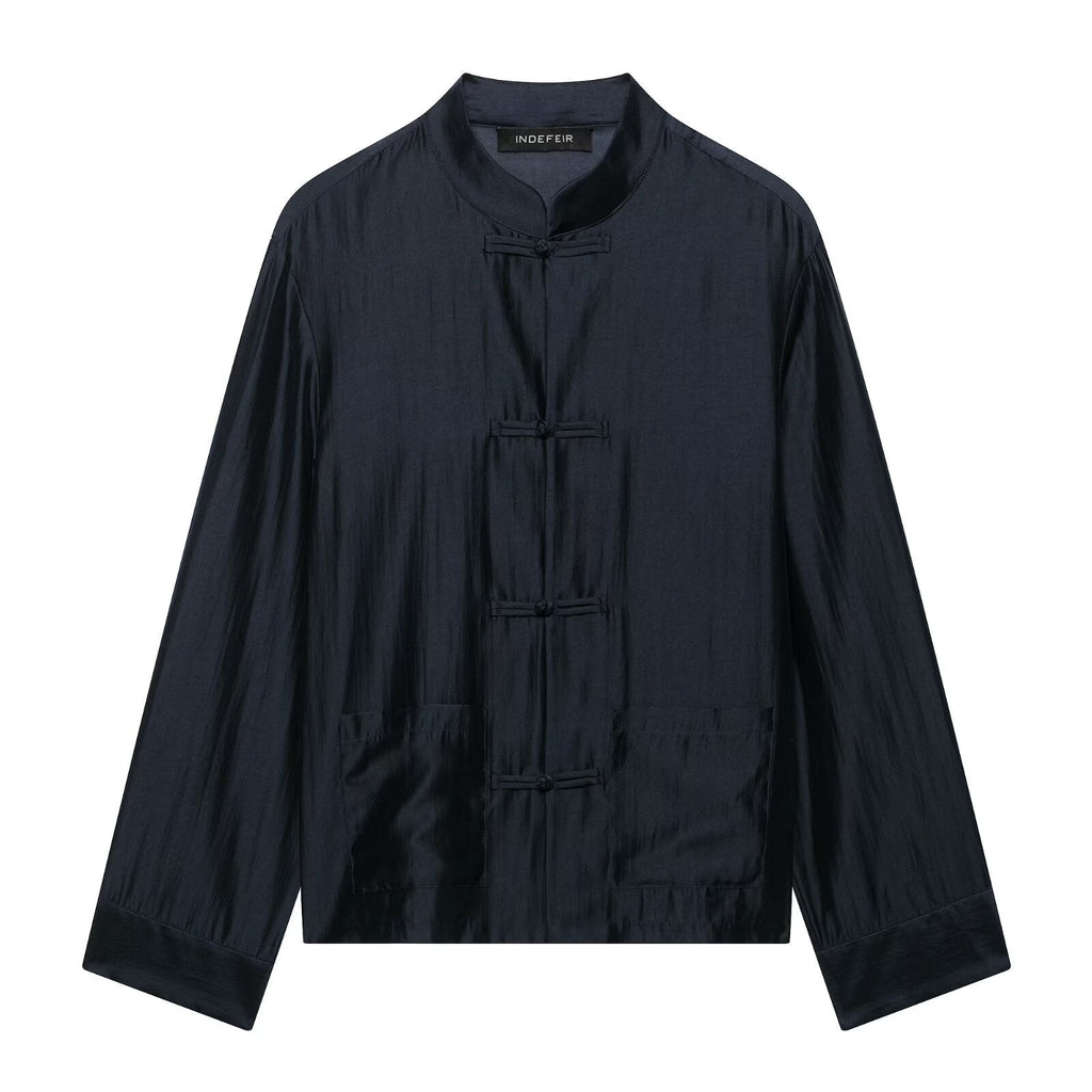 Summer Arrival Long Sleeve Crew Neck Satin Twisted Knot Pocket Shirt