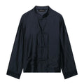 Summer Arrival Long Sleeve Crew Neck Satin Twisted Knot Pocket Shirt