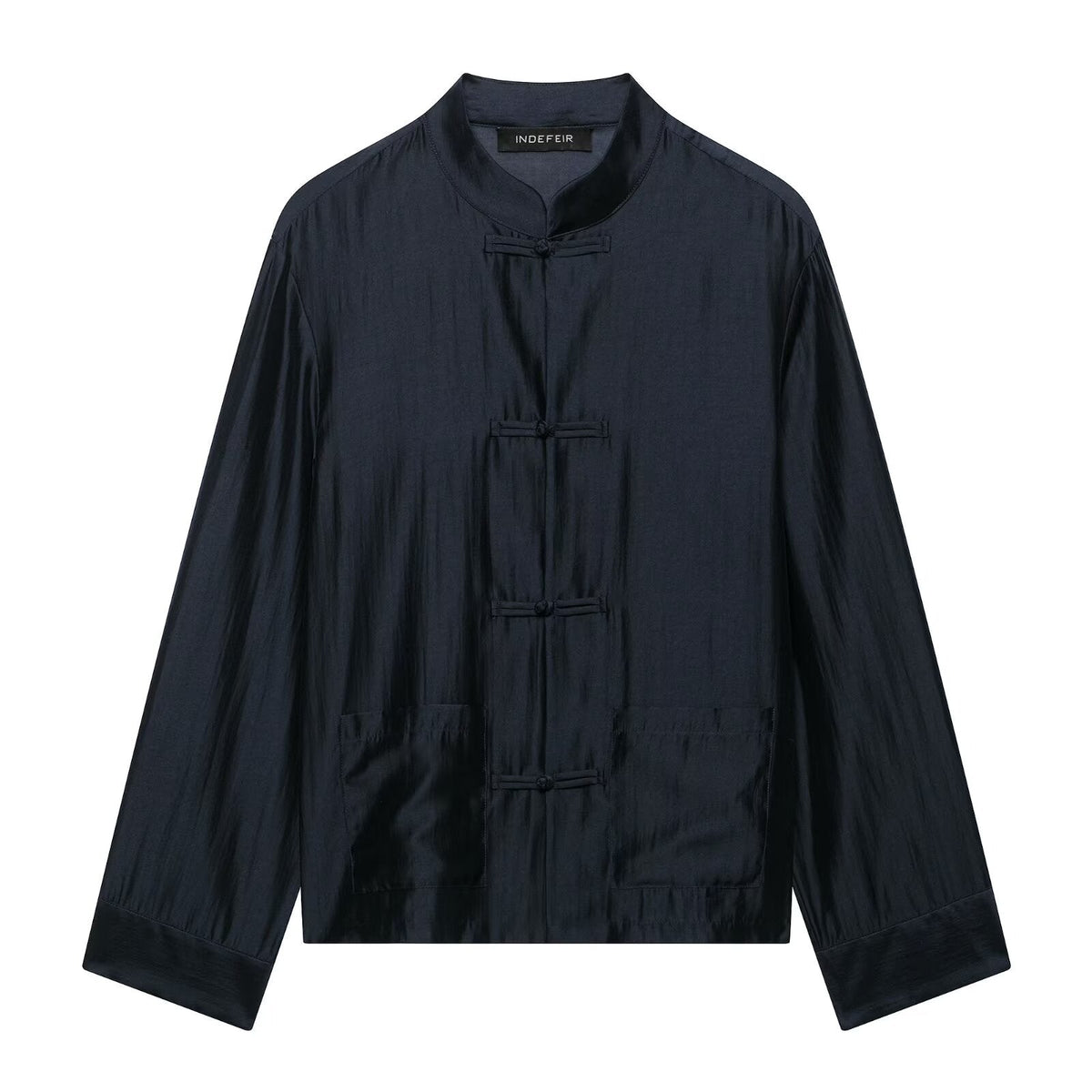 Summer Arrival Long Sleeve Crew Neck Satin Twisted Knot Pocket Shirt