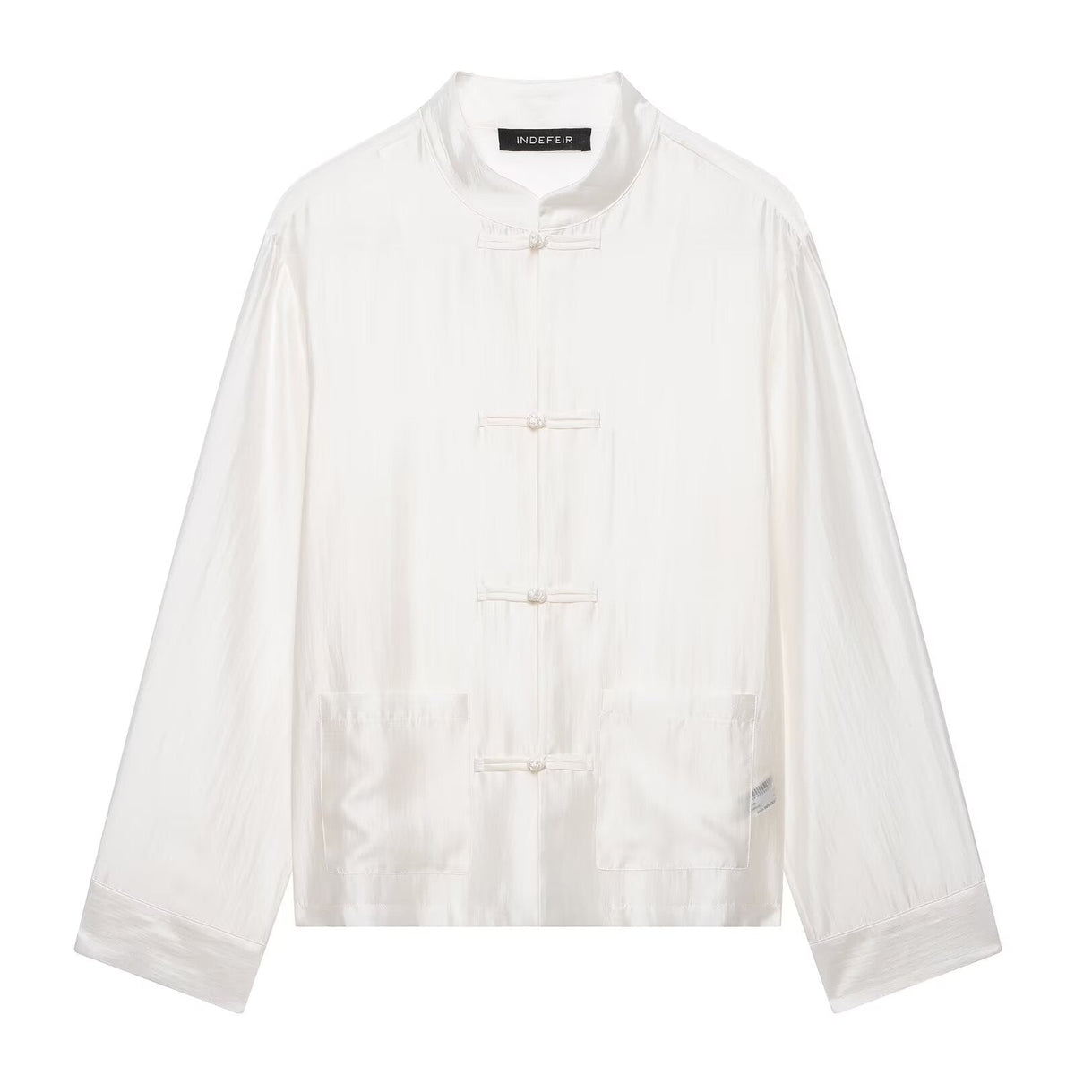 Summer Arrival Long Sleeve Crew Neck Satin Twisted Knot Pocket Shirt