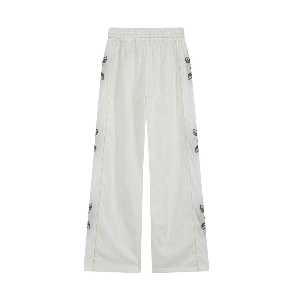 Women Clothing Summer Casual Side Striped Embroidered Ribbon Straight Leg Pants