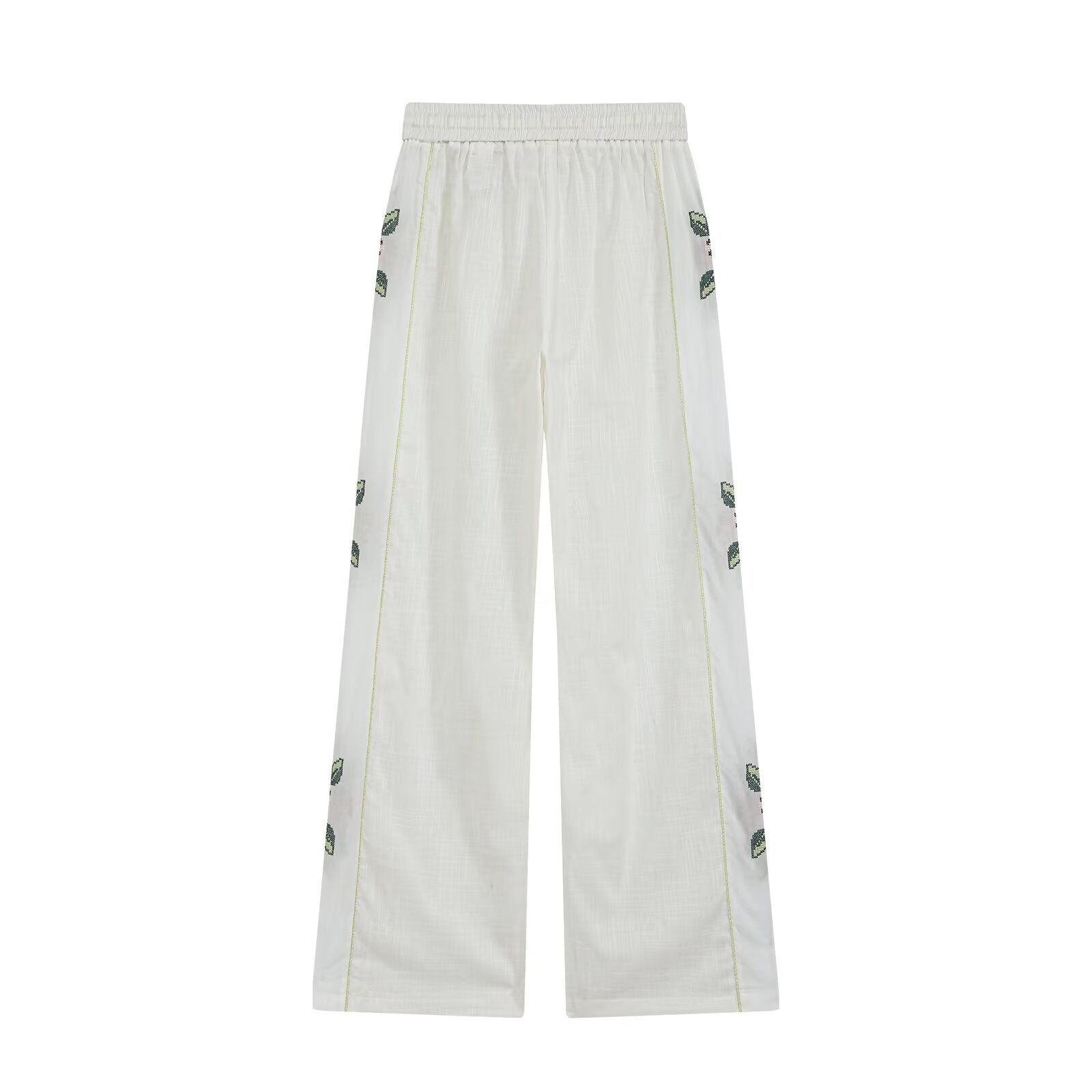 Women Clothing Summer Casual Side Striped Embroidered Ribbon Straight Leg Pants