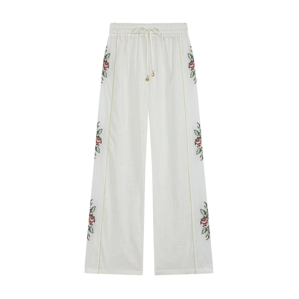 Women Clothing Summer Casual Side Striped Embroidered Ribbon Straight Leg Pants