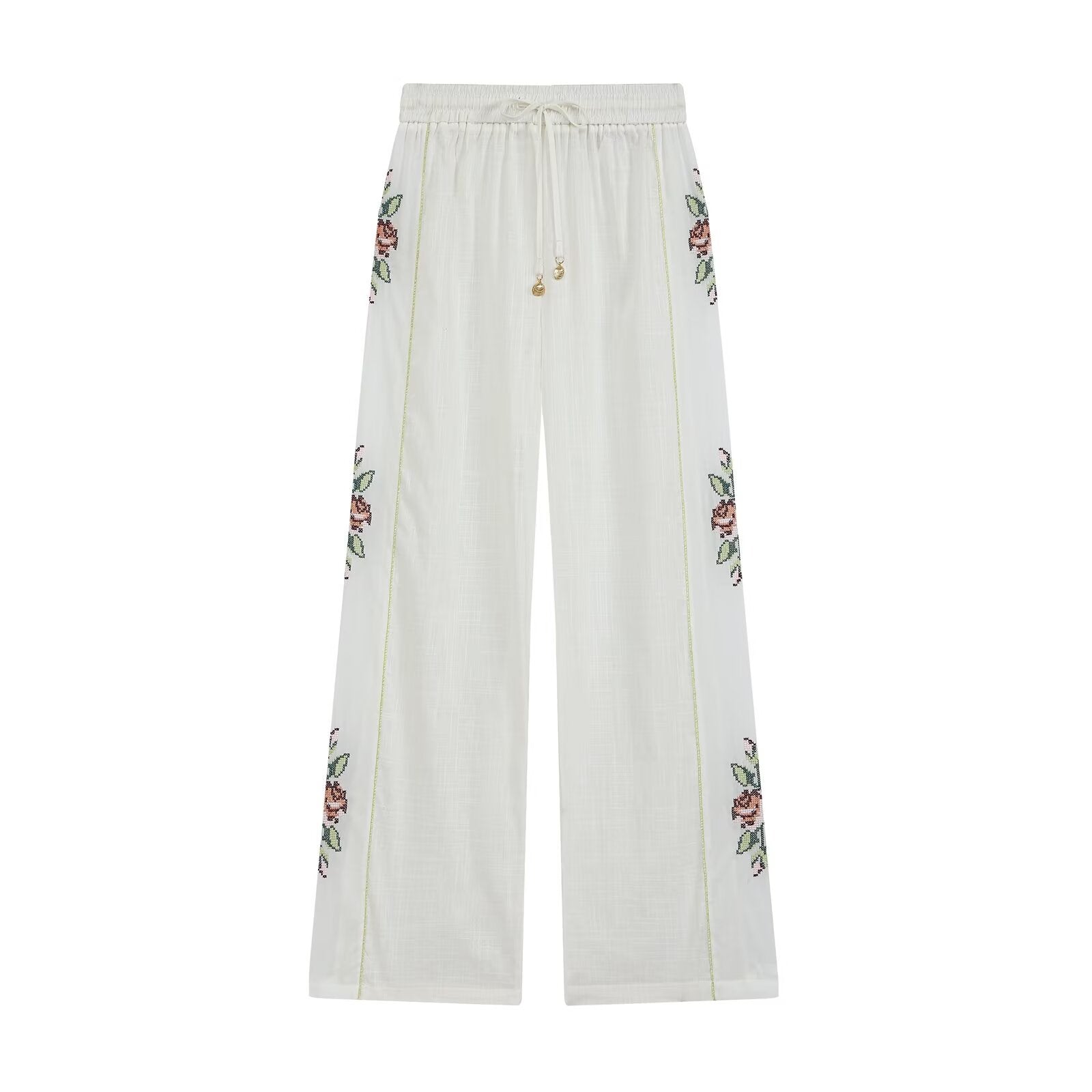 Women Clothing Summer Casual Side Striped Embroidered Ribbon Straight Leg Pants