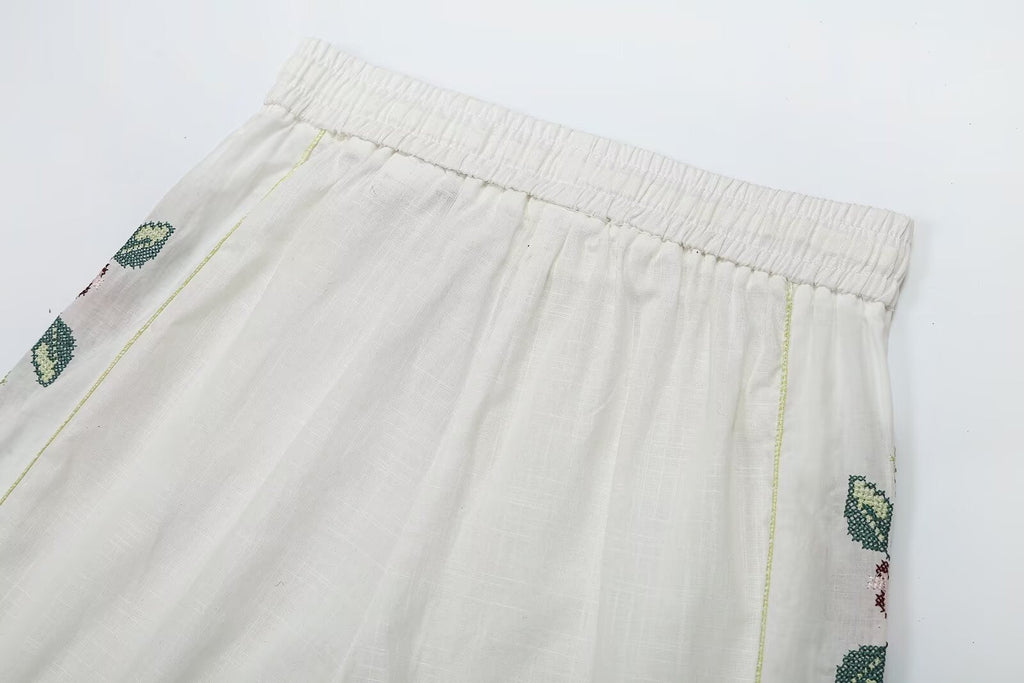 Women Clothing Summer Casual Side Striped Embroidered Ribbon Straight Leg Pants