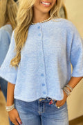 Beau Blue 3/4 Sleeve Boxy Knit Button Down Sweater Cardigan
