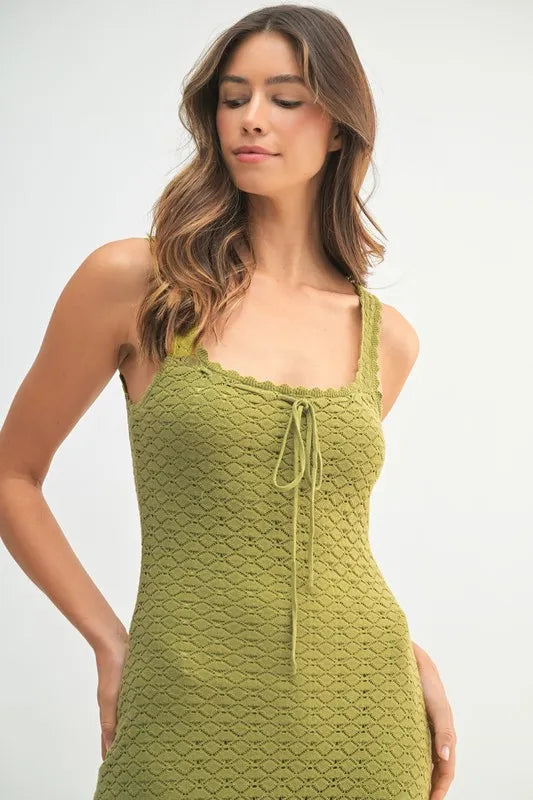 Olive Green Crochet Knit Midi Dress with Ruffled Hem