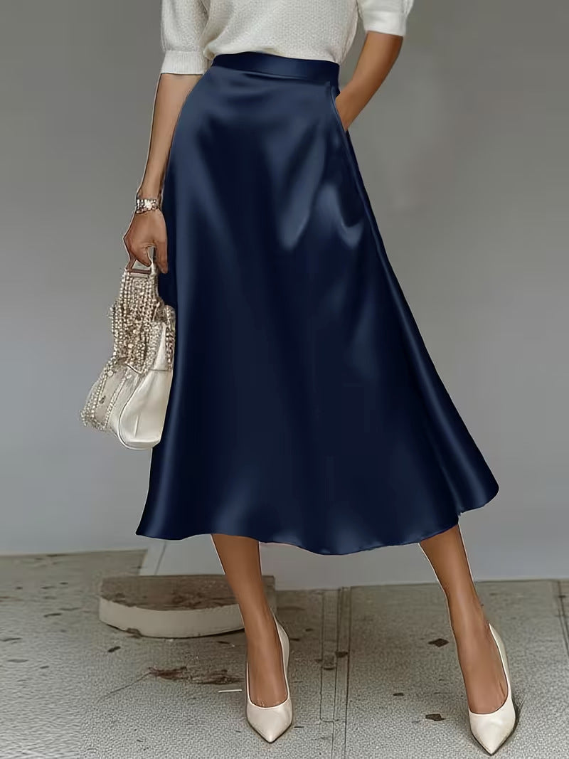 Women's Satin Mid-Length A-Line Skirt – High Rise Pull-On Style