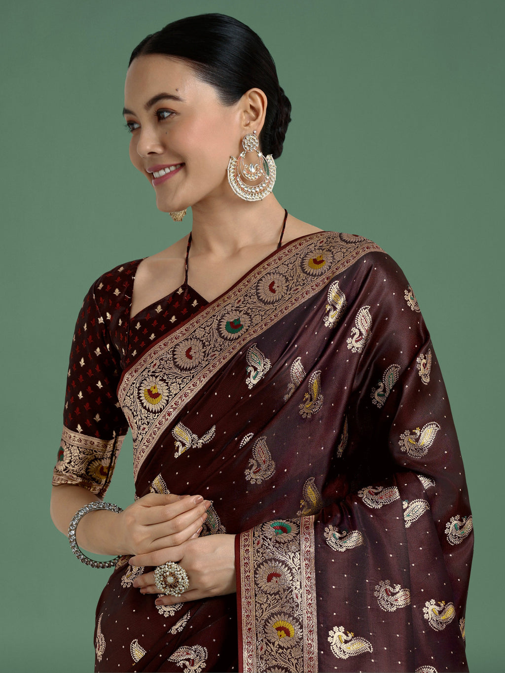 Monjolika Fashion Maroon Color Festival Wear Banarasi Satin Silk Designer Zari Weaving Saree