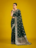 Dark Green Banarasi Satin Silk saree with gold zari woven details