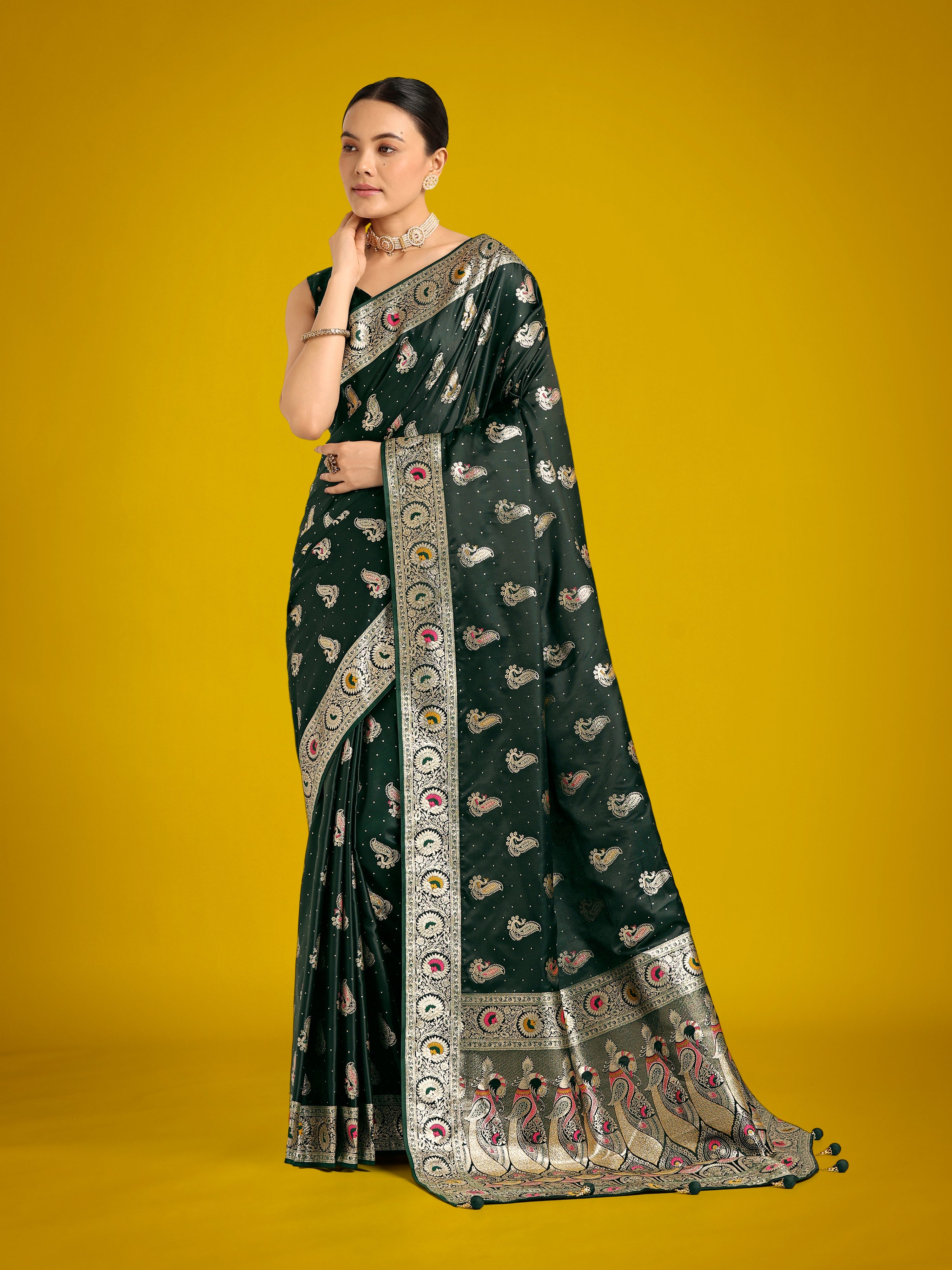 Dark Green Banarasi Satin Silk saree with gold zari woven details