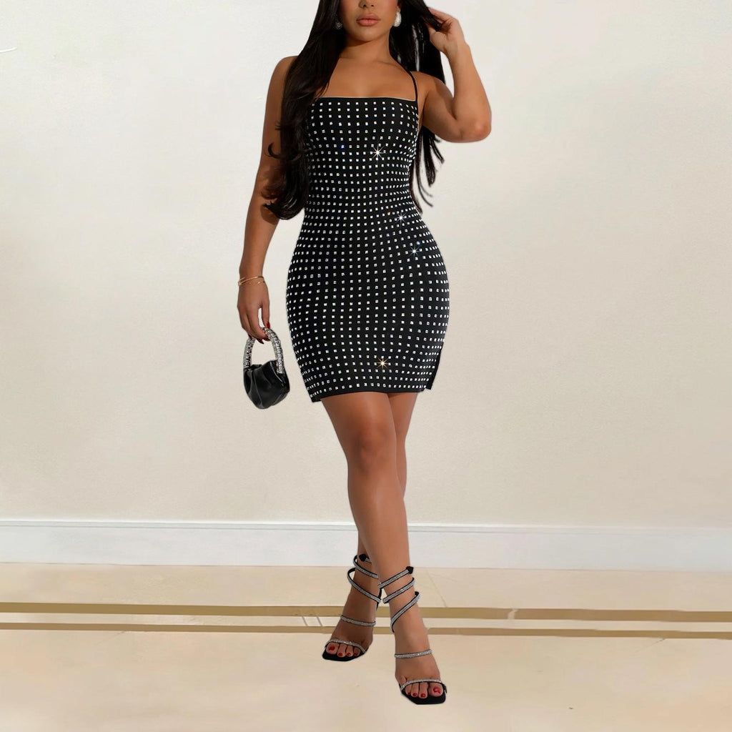 Women Sexy Strap Dress Rhinestone Short Strap Dress