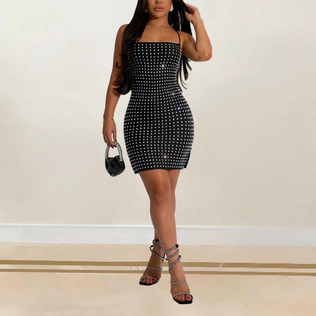 Women Sexy Strap Dress Rhinestone Short Strap Dress