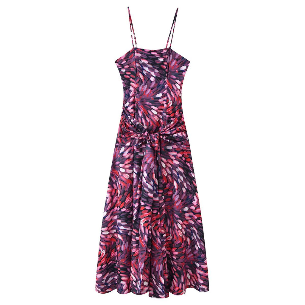 Women Clothing Autumn Sexy Printed Waist Strap Large Swing Dress