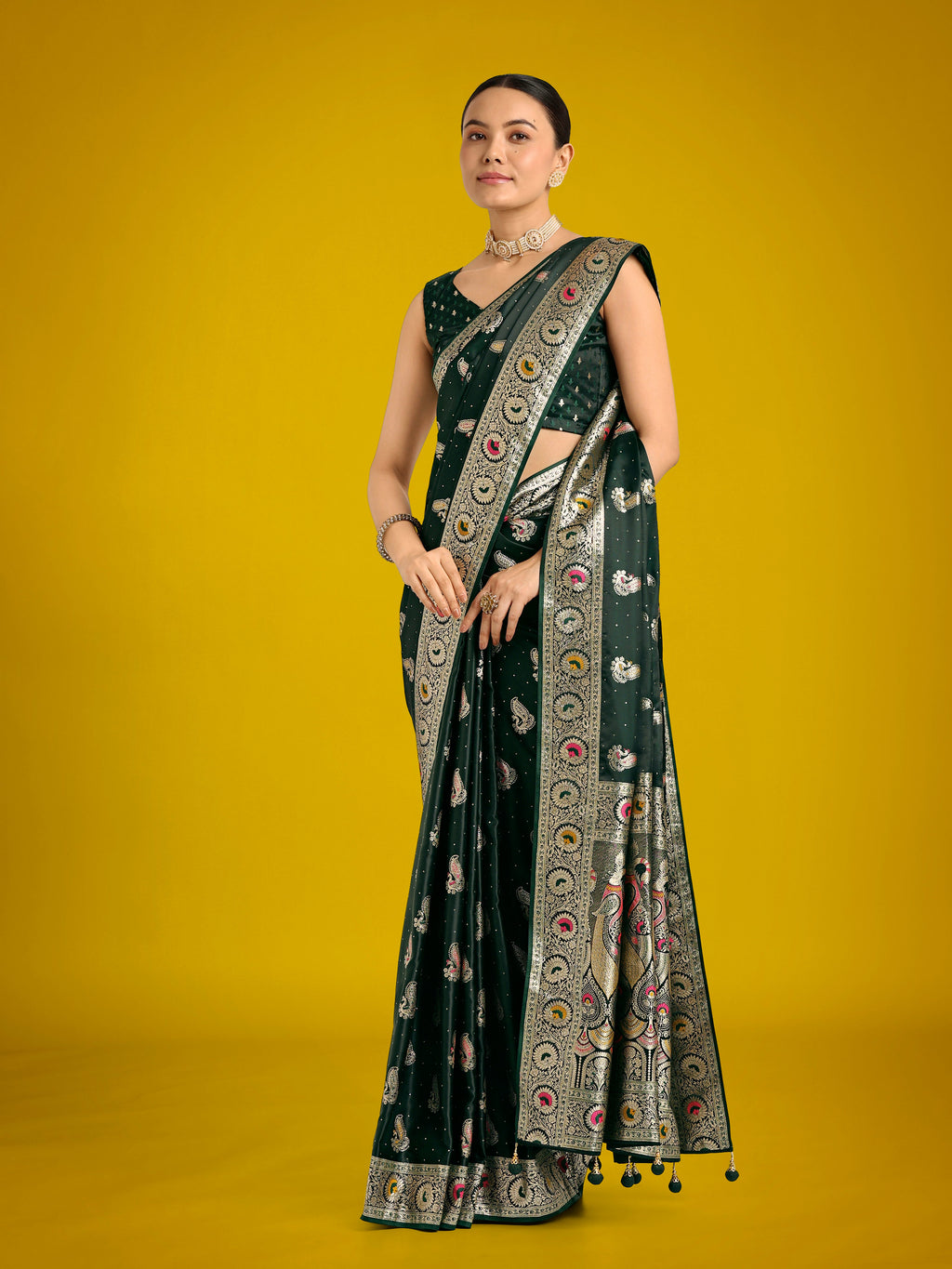 Dark Green Festival Wear Banarasi Satin Silk Zari Saree